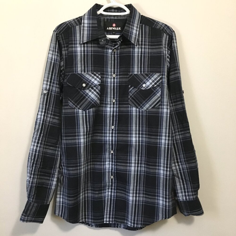 Airwalk Blue White Plaid Button Down Shirt Cotton Blend - Medium
